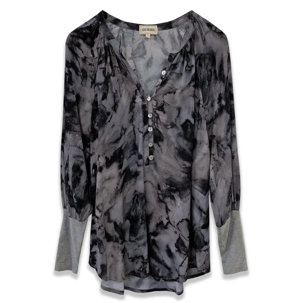 Tie Dye Button Front Crew Neck Sweatshirt | GREY